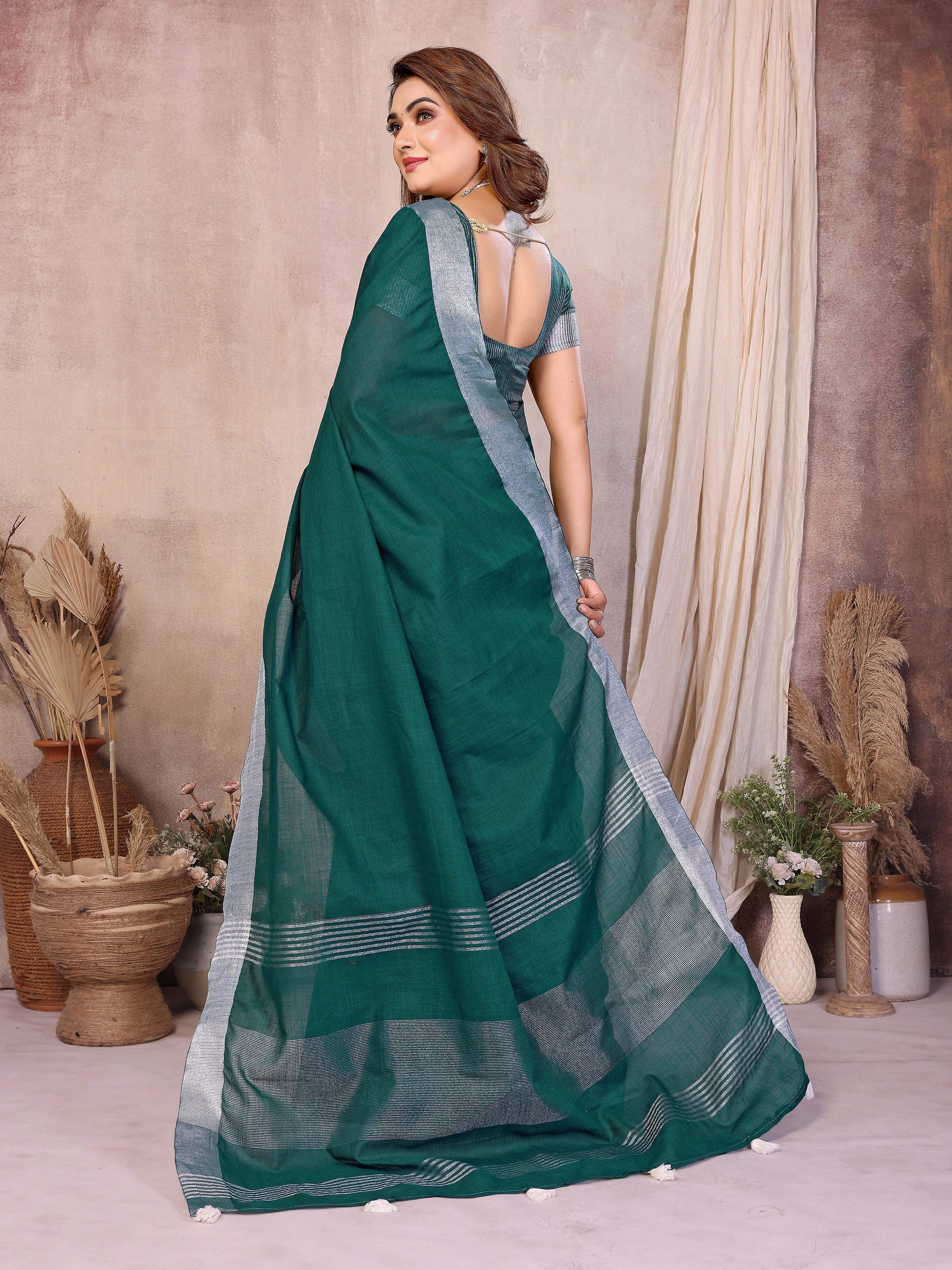 Dark Green Zari Border Soft Linen Cotton Saree – Kalyanja